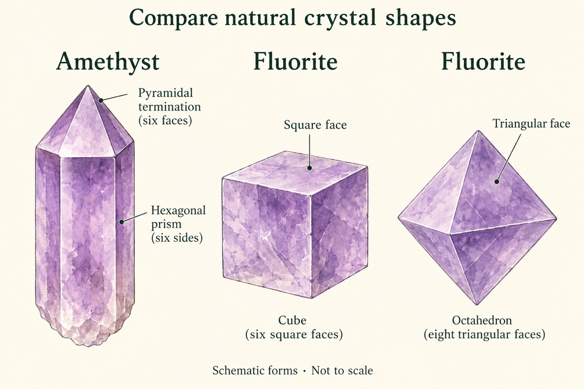 Schematic natural forms: a pointed amethyst prism, a fluorite cube, and a fluorite octahedron; drawings are not to scale