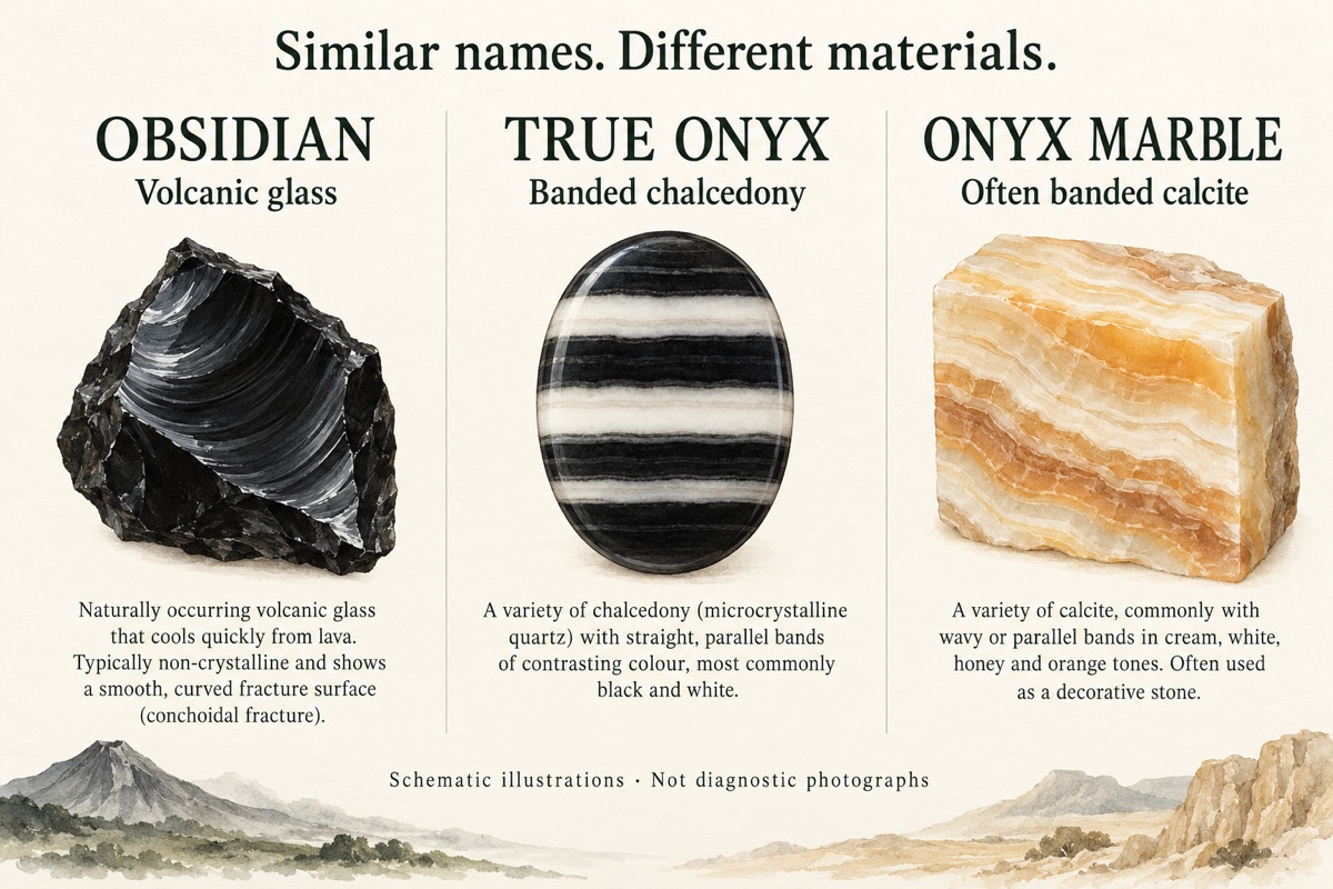 Illustrated material names: obsidian is volcanic glass, true onyx is banded chalcedony, and onyx marble often refers to banded calcite